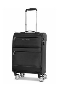 Zwarte koffer op wielen met een gestructureerde buitenkant, dubbele ritscompartimenten, zilveren hardware en vier draaiwielen voor gemakkelijke wendbaarheid.