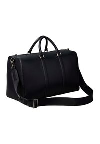 Black leather duffel bag with dual handles, adjustable shoulder strap, and zip closure, displayed against a white background.