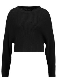 Maglione corto nero con un design a maglia testurizzata e a coste, caratterizzato da maniche lunghe e un ampio scollo. Stile semplice e versatile.