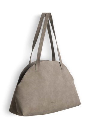 Grand sac à main couleur taupe avec de longues doubles anses, en matériau lisse mat, et un bord supérieur incurvé.