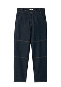 Pantalon en jean bleu foncé à coupe ample, avec deux lignes de couture horizontales et des détails de surpiqûres jaunes. Design standard à cinq poches.