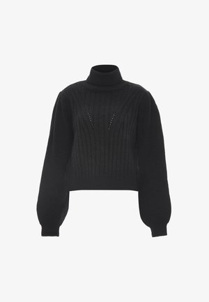 Mustapunan neulepaita korkealla kauluksella, ribbikuvioinnilla ja puffimaisilla pitkillä hihoilla. Etupuolella on hienovaraisia leikkauksia.