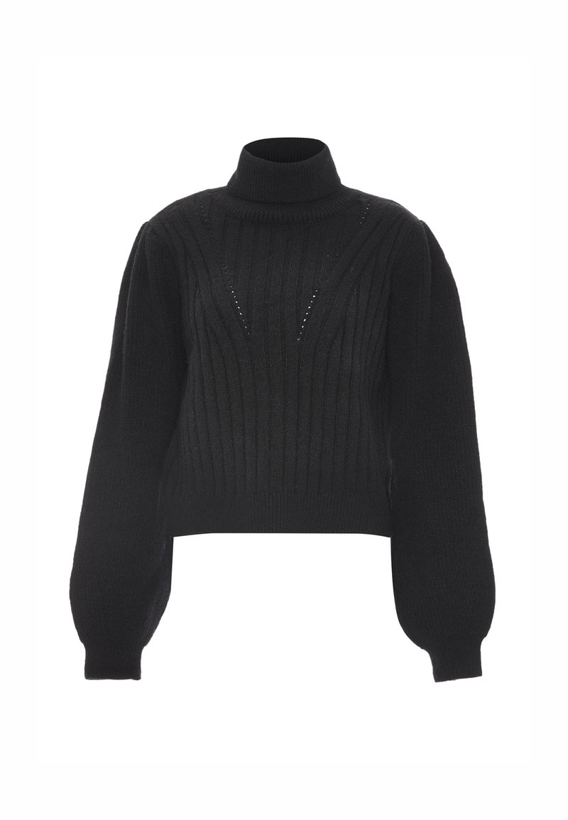 Schwarzer Strickpullover mit hohem Rollkragen, gerippter Textur und gepufften langen Ärmeln. Verfügt über subtile Ausschnitte an der Vorderseite.