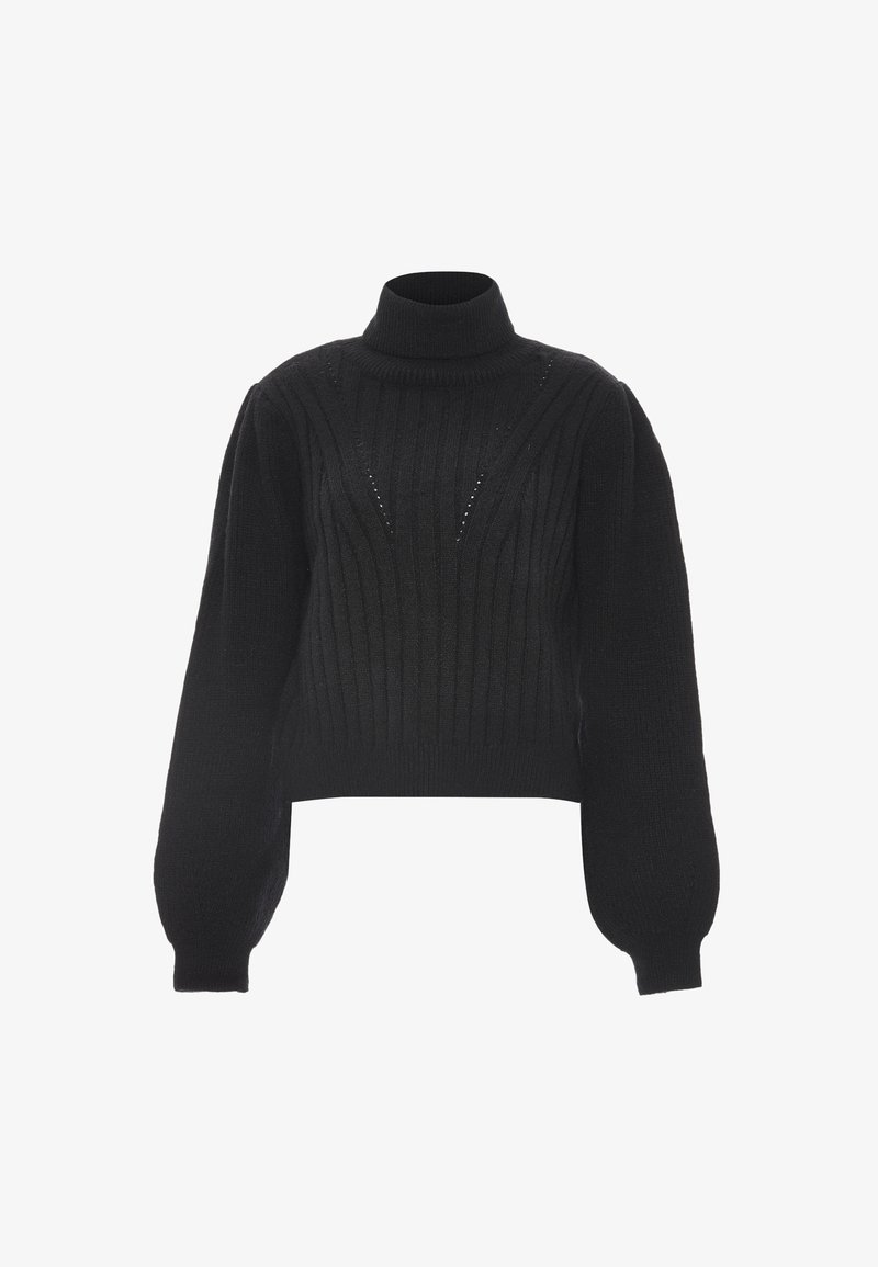 Schwarzer Strickpullover mit hohem Rollkragen, gerippter Textur und gepufften langen Ärmeln. Verfügt über subtile Ausschnitte an der Vorderseite.