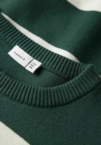 Pull en stripes vertes avec un col côtelé, une texture douce et une étiquette d'entretien avec le nom de la marque et les détails de taille visibles.