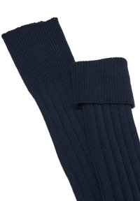 Calzini in lana a costine blu navy con risvolto e design testurizzato, che mostrano un motivo uniforme nel knit lungo tutta la lunghezza.