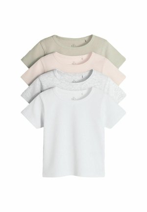 Four ribbed short-sleeve crew neck shirts stacked, in white, light gray, pale pink, and light olive green colors.