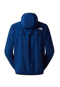 Tmavě modrá nepromokavá bunda s kapucí, elastickými manžetami a lemem, s logem na horní části zad a hladkým, strukturovaným povrchem.