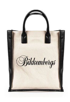 Stof tote bag med sorte læderdetaljer og håndtag, der har et stort trykt logo "Bikkembergs" i elegant skrift.
