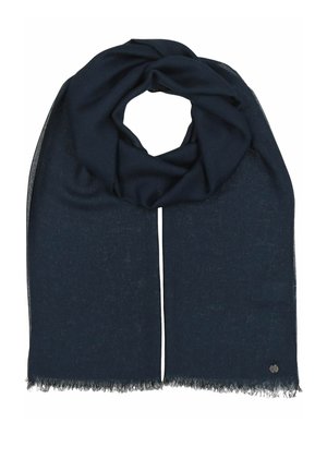 Dark blue scarf made of soft fabric, featuring a slightly frayed edge, designed in a looped style. Small branded metal accent near the edge.
