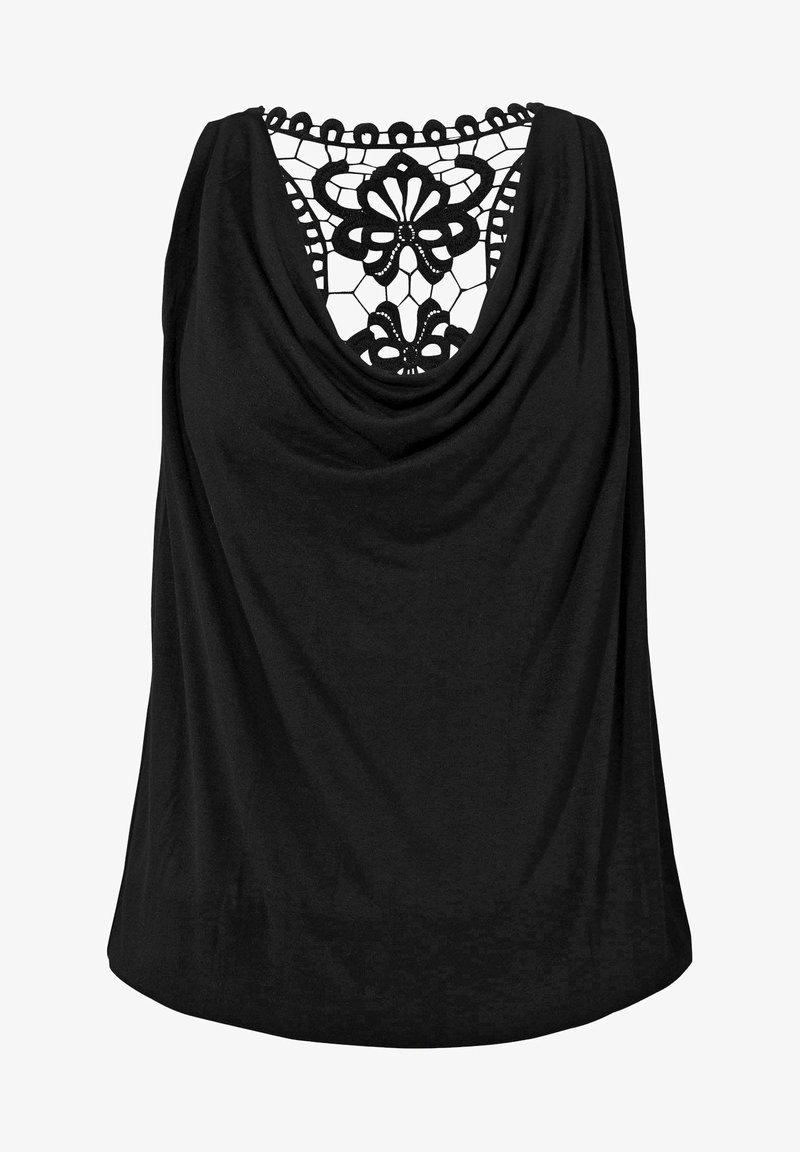 Černý bezrukávový top s drapovaným předním dílem a květinovým krajkovým designem na zadní straně, se skládaným výstřihem a jemnou, texturovanou tkaninou.
