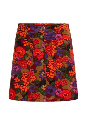 Jupe en velours côtelé floral avec des fleurs multicolores en rouge, violet et orange. Comprend des boutons sur le devant et deux poches latérales.