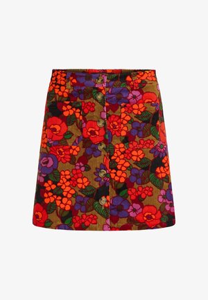 Blumen-Cord-Rock mit mehrfarbigen Blumen in Rot, Lila und Orange. Mit vorderen Knöpfen und zwei Seitentaschen.