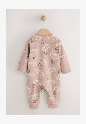 Hele roosa soonikkoes beebikombe, millel on valge tekst "DADDY's bestie" ja naerunäod. Lühikesed varrukad ja elastsed mansetid.