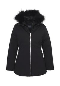 Giacca nera isolata con chiusura a zip, cappuccio in pelliccia sintetica removibile, due tasche laterali e un design aderente per calore e comfort.