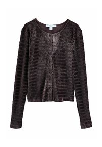 Tume lilla pikkade varrukatega nööbitav lühikeste varrukatega kardigan tekstuurse kangaga ja ümmarguse kaelusega.