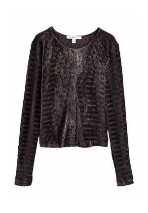 Tume lilla pikkade varrukatega nööbitav lühikeste varrukatega kardigan tekstuurse kangaga ja ümmarguse kaelusega.