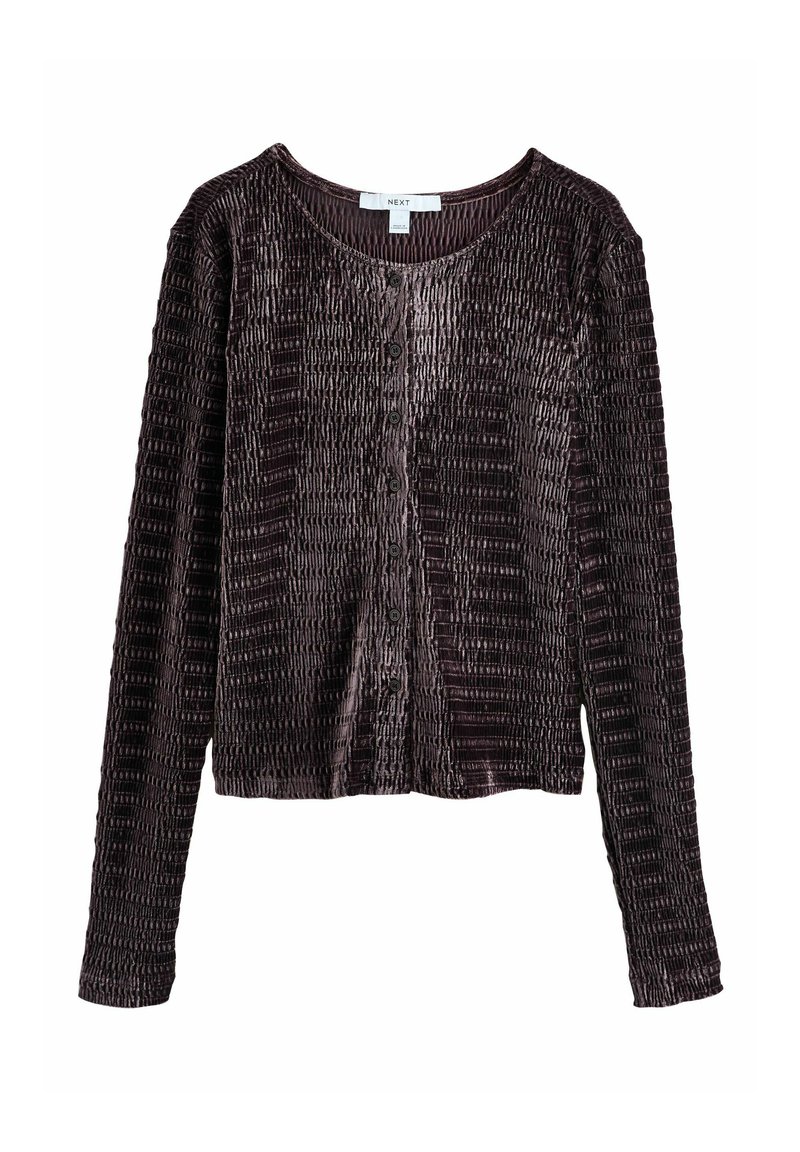 Tume lilla pikkade varrukatega nööbitav lühikeste varrukatega kardigan tekstuurse kangaga ja ümmarguse kaelusega.