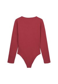 Body a maniche lunghe in bordeaux, realizzato in tessuto morbido. Presenta un colletto rotondo e una chiusura a pressione nella parte inferiore. Texture liscia.