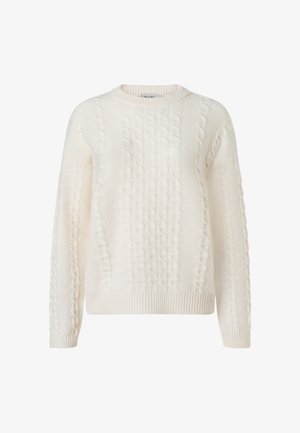 Biały sweter w splot kablowy z okrągłym dekoltem, długimi rękawami oraz ściągaczami przy mankietach i dole. Wykonany z miękkiej, teksturowanej tkaniny.