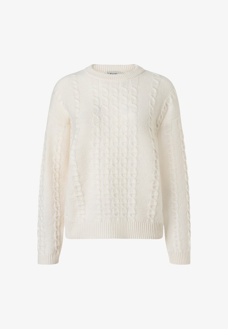 Maglione bianco a trecce con scollo rotondo, maniche lunghe e polsini e orlo a coste. Realizzato in un tessuto morbido e strutturato.