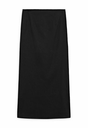 Sort højtaljet midi pencil-nederdel med lige snit og subtile sømdetaljer, vist fladt på en hvid baggrund.