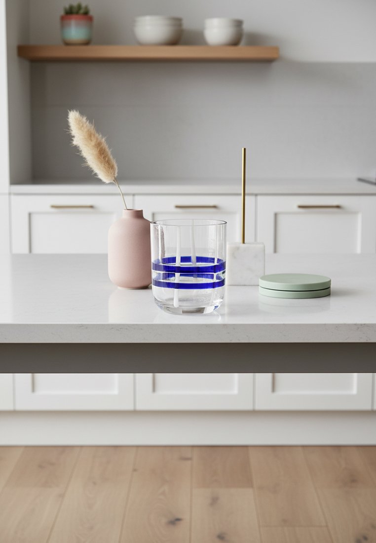 Szklanka w niebieskie paski, różowy wazon z suchą trawą pampasową, biały marmurowy uchwyt ze złotym prętem oraz zielone podkładki na białym blacie kuchennym.