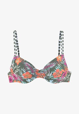 Ziedu bikini blūze ar zaļu pamatu, ar oranžiem un rozā ziediem, melnbaltām strīpām regulējamiem siksniņām un savilktu centru detaļām.