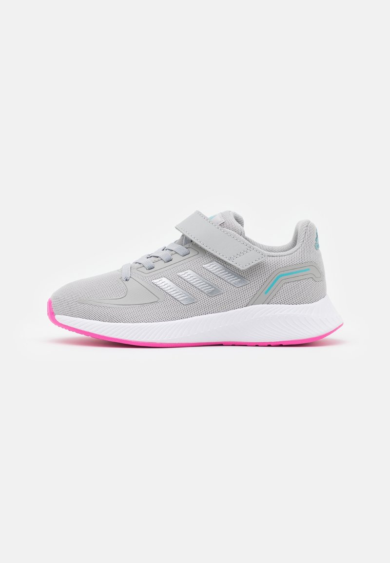 Baskets de sport grises avec semelle rose, strap Velcro et accents turquoise, conçues pour le confort et le port quotidien.