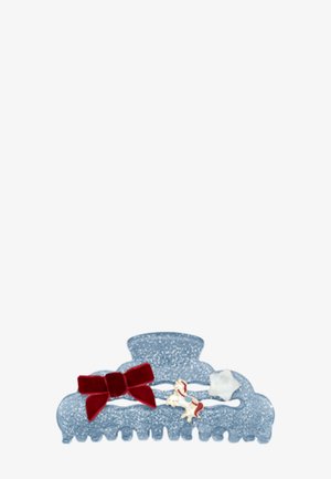 Barrette à cheveux bleue pailletée avec un nœud décoratif en velours rouge, une étoile blanche et un petit pendentif cheval.