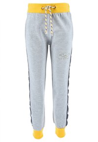 Graue Sweatpants mit einem gelben Bund und Bündchen, featuring einem Kordelzug, seitlichen Einsätzen mit schwarzen Akzenten und einem kleinen Logo am Bein.