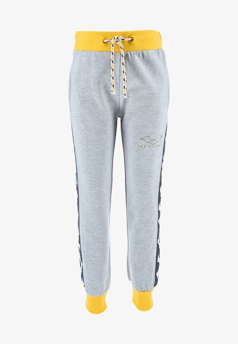 Graue Sweatpants mit einem gelben Bund und Bündchen, featuring einem Kordelzug, seitlichen Einsätzen mit schwarzen Akzenten und einem kleinen Logo am Bein.