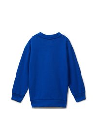 Sudadera de cuello redondo de manga larga en color azul liso, con puños y dobladillo acanalados, mostrada desde la parte posterior sobre un fondo blanco.