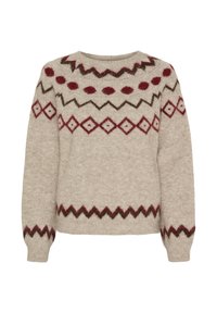 Beige sweater lavet af blødt strikket stof, med rund halsudskæring og lange ærmer, prydet med geometriske mønstre i mørkerød og grøn.