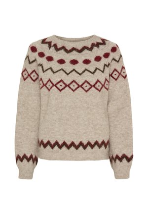 Beige sweater lavet af blødt strikket stof, med rund halsudskæring og lange ærmer, prydet med geometriske mønstre i mørkerød og grøn.