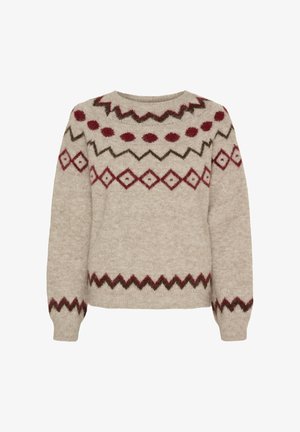 Beige sweater lavet af blødt strikket stof, med rund halsudskæring og lange ærmer, prydet med geometriske mønstre i mørkerød og grøn.