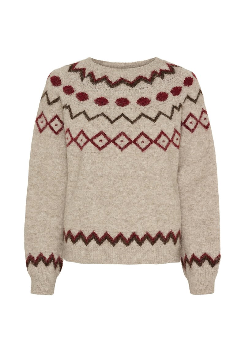 Beige sweater lavet af blødt strikket stof, med rund halsudskæring og lange ærmer, prydet med geometriske mønstre i mørkerød og grøn.