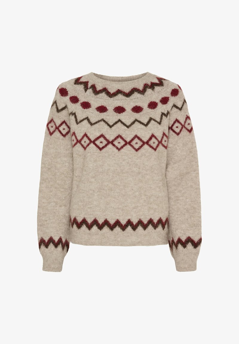 Beige sweater lavet af blødt strikket stof, med rund halsudskæring og lange ærmer, prydet med geometriske mønstre i mørkerød og grøn.