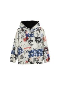 Felpa con cappuccio realizzata in tessuto morbido, con una base bianca e testi e disegni in stile graffiti multicolore in rosso, blu e nero.