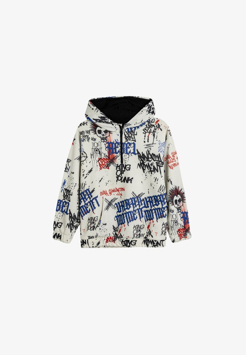 Felpa con cappuccio realizzata in tessuto morbido, con una base bianca e testi e disegni in stile graffiti multicolore in rosso, blu e nero.