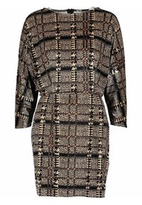 Knielange jurk in een beige, zwarte en bruine geruite patroon, met lange mouwen en een ontspannen pasvorm, gemaakt van een textuurstof.