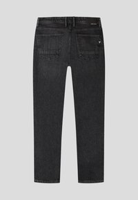 Zwarte denim jeans met een slim fit, voorzien van vijf zakken, gestikte details en een eenvoudige taillebandlabel aan de achterzijde.