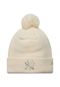 Berretto lavorato a maglia crema con pompon sopra e logo "NY" ricamato in argento sul risvolto.