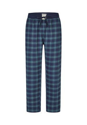 Navy en groene geruite pyjamabroek van zacht materiaal, met een elastische tailleband en een trekkoord voor een verstelbare pasvorm.