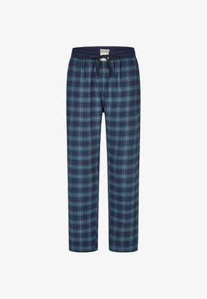 Navy en groene geruite pyjamabroek van zacht materiaal, met een elastische tailleband en een trekkoord voor een verstelbare pasvorm.