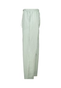 Lichtgroene broek met witte verticale strepen, elastische tailleband en witte trekkoord, vanuit de zijkant weergegeven op een witte achtergrond.