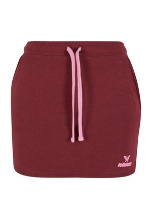 Burgunderfarget bomullsblandingskjørt med elastisk midje og rosa snorer. Lite logo aksent i nedre høyre hjørne. Glatt tekstur.