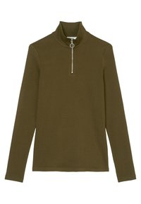 Haut en rib haut à col montant en olive avec des manches longues et un demi-zip argenté avec tirette ronde.