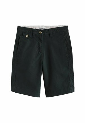 Dark green knee-length chino shorts with button closure, belt loops, and side pockets, displayed on a white background.