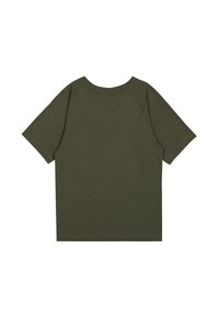 Camiseta de manga corta y cuello redondo en verde oliva oscuro. Fabricada en suave algodón, presenta una textura lisa y un corte relajado con mangas raglán.